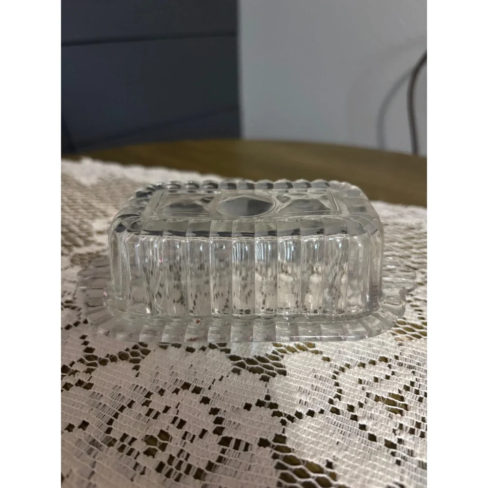 Vintage Clear Pressed Glass Butter Dish Scalloped Edge Ribbed Two Piece Set